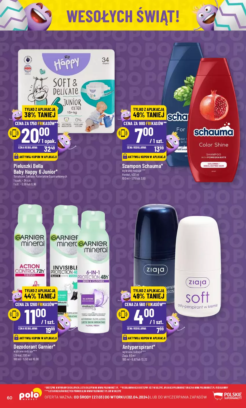 Gazetka promocyjna PoloMarket - Gazetka pomocyjna - ważna 27.03 do 02.04.2024 - strona 60 - produkty: Antyperspirant, Bell, Bella, Dezodorant, Garnier, Schauma, Szampon, Ziaja