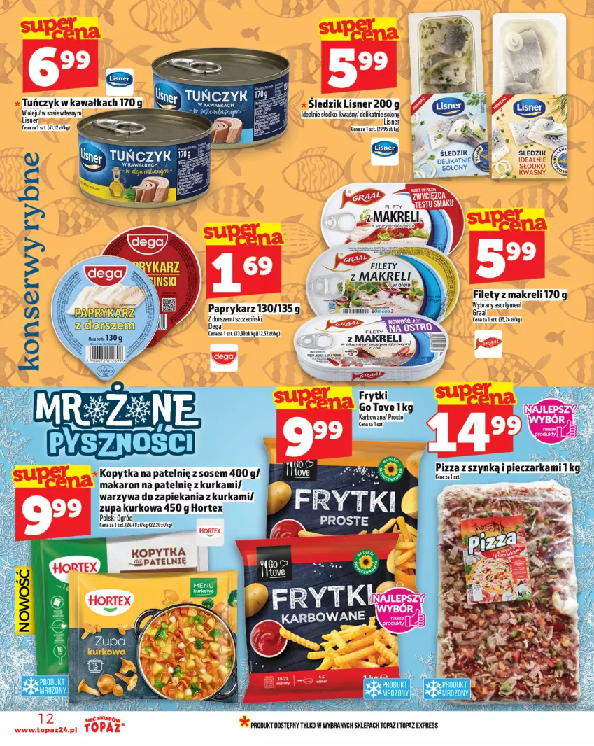 Gazetka promocyjna Topaz - Gazetka - ważna 25.09 do 01.10.2025 - strona 12 - produkty: Hortex, Kawa, Kopytka, Lisner, Makaron, Ogród, Olej, Papryka, Paprykarz, Piec, Pieczarka, Pizza, Ser, Sos, Top, Warzywa, Zupa