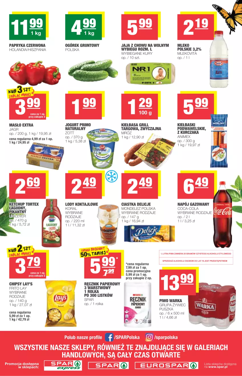 Gazetka promocyjna Spar - Express - ważna 28.04 do 04.05.2021 - strona 2 - produkty: Chipsy, Ciastka, Coca-Cola, Delicje, Grill, Grunt, Jagr, Jaja, Jogurt, Ketchup, Kiełbasa, Kurczak, LG, Lody, Masło, Mleko, Mlekovita, Napój, Napój gazowany, Ogórek, Papier, Papryka, Papryka czerwona, Piwo, Ręcznik, Warka, Wawel, Zott