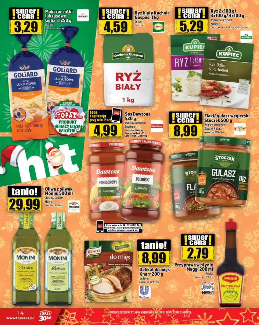 Gazetka promocyjna Topaz - Gazetka - ważna 28.12.2023 do 03.01.2024 - strona 14 - produkty: Cenos, Goliard, Knorr, Kupiec, Makaron, Monini, Piec, Ryż, Top