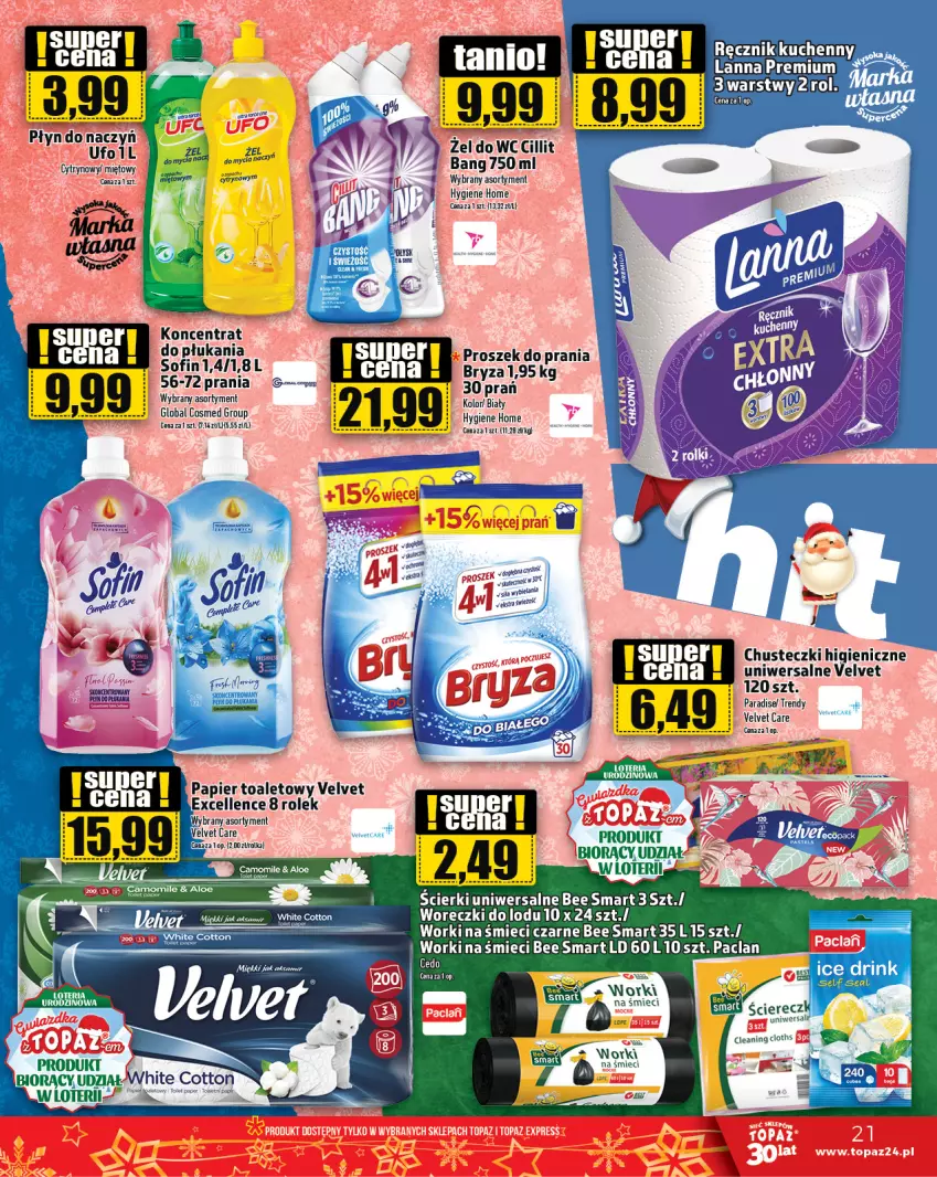 Gazetka promocyjna Topaz - Gazetka - ważna 28.12.2023 do 03.01.2024 - strona 21 - produkty: Bryza, Chusteczki, Papier, Papier toaletowy, Proszek do prania, Top, Velvet, Woreczki do lodu, Worki na śmiec, Worki na śmieci