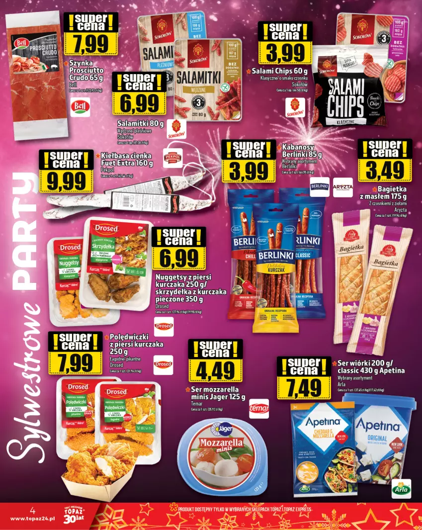 Gazetka promocyjna Topaz - Gazetka - ważna 28.12.2023 do 03.01.2024 - strona 4 - produkty: Kiełbasa, Kurczak, Mozzarella, Pekpol, Salami, Ser, Top