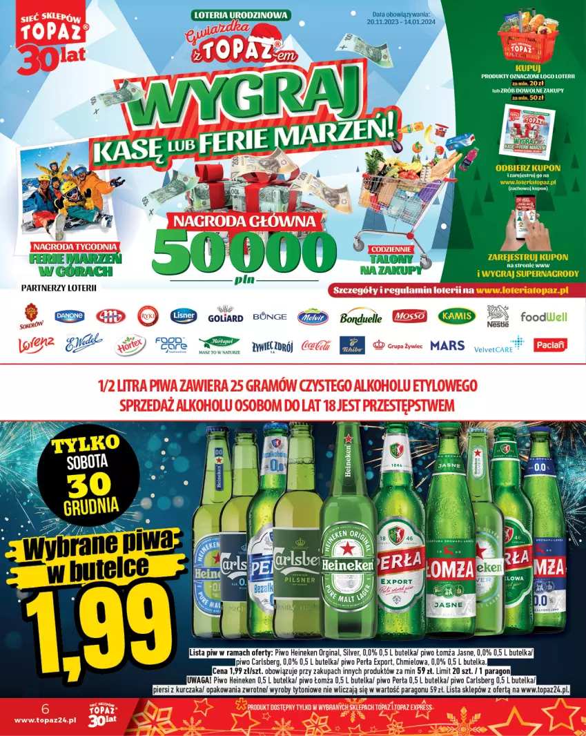 Gazetka promocyjna Topaz - Gazetka - ważna 28.12.2023 do 03.01.2024 - strona 6 - produkty: Carlsberg, Gra, Heineken, Kurczak, Mars, Perła, Piwa, Piwo, Por, Top, Waga