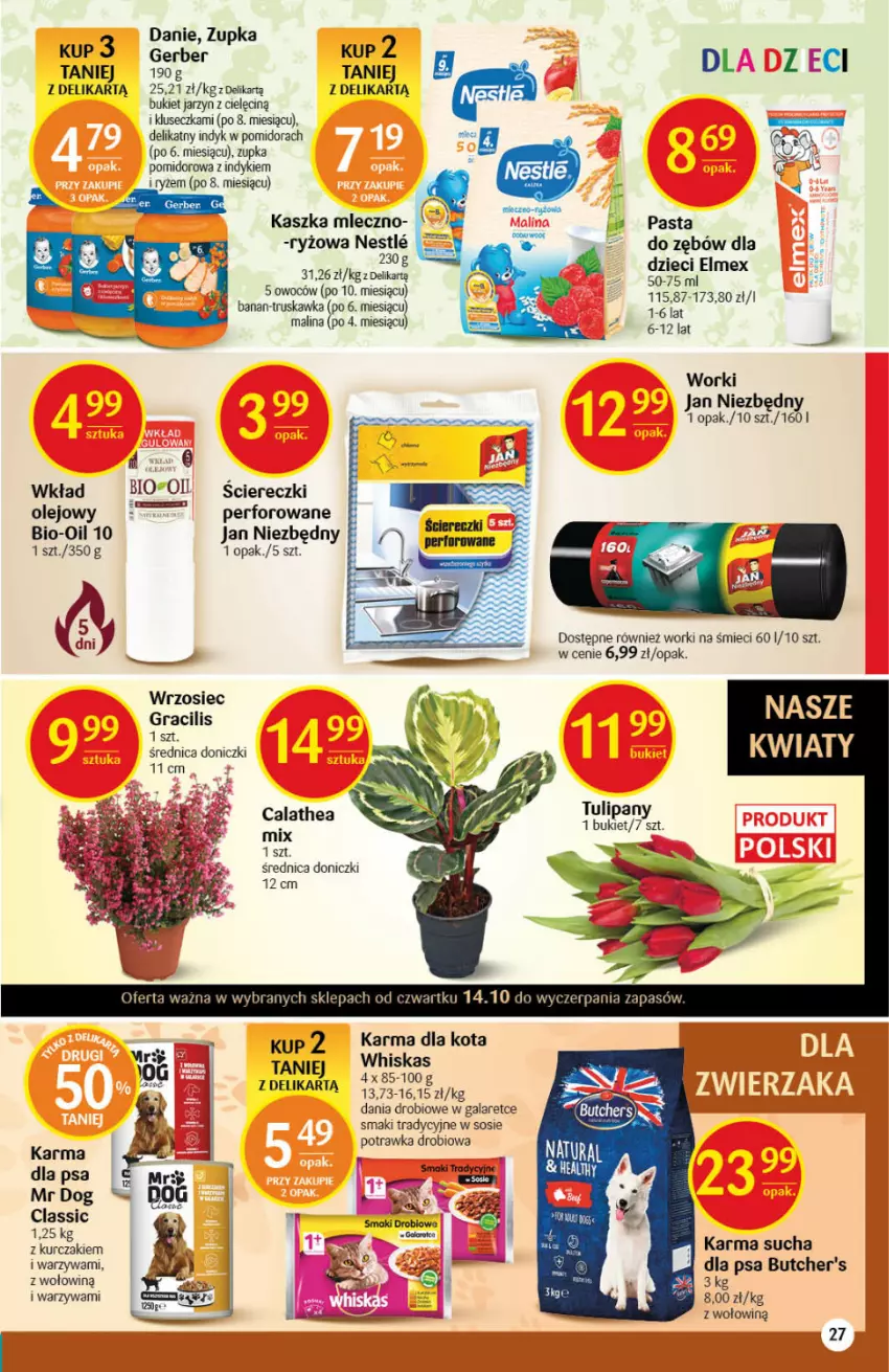 Gazetka promocyjna Delikatesy Centrum - Gazetka DC41 n. fresh - ważna 14.10 do 20.10.2021 - strona 27 - produkty: Bukiet, Butcher's, Dzieci, Elmex, Gala, Gra, Jan Niezbędny, Kurczak, Olej, Ryż, Sos, Tulipan, Warzywa, Whiskas, Worki na śmiec, Worki na śmieci