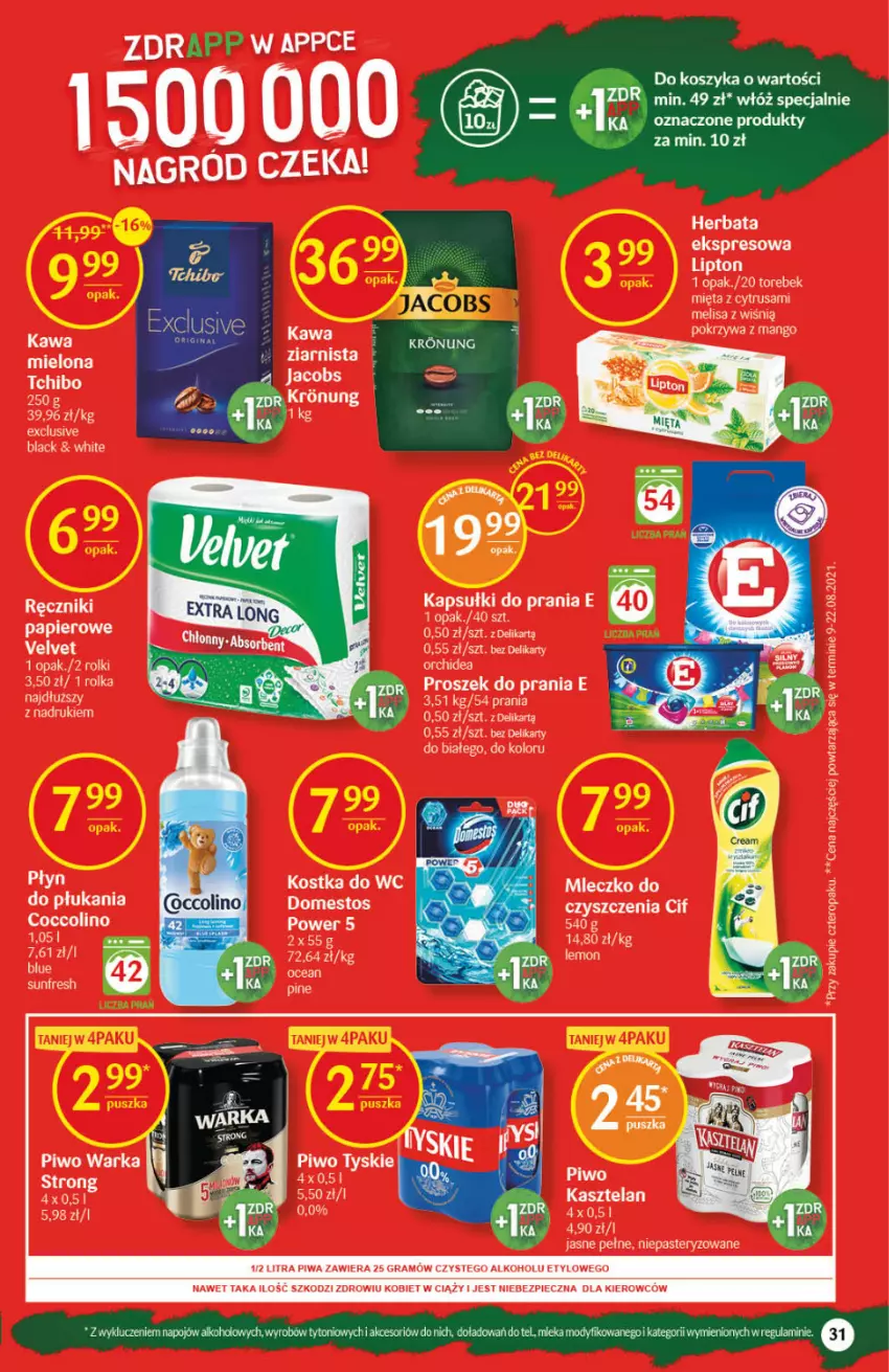 Gazetka promocyjna Delikatesy Centrum - Gazetka DC41 n. fresh - ważna 14.10 do 20.10.2021 - strona 31 - produkty: Cif, Domestos, Gra, Herbata, Jacobs, Kapsułki do prania, Kasztelan, Kawa, Kostka do wc, Lack, Mango, Mięta, Mleczko, Papier, Piec, Piwa, Piwo, Proszek do prania, Rolki, Tyskie, Warka