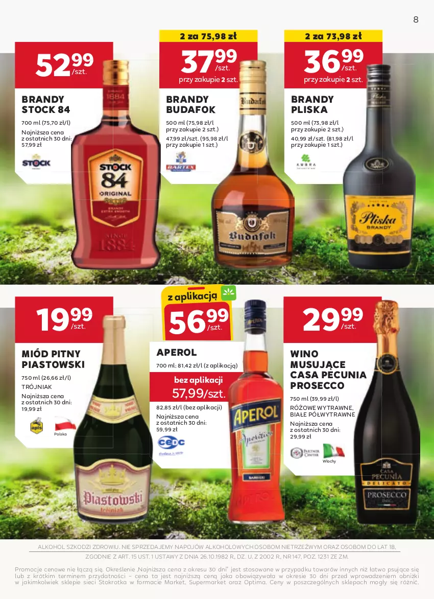 Gazetka promocyjna Stokrotka - Oferta alkoholowa - ważna 25.04 do 22.05.2024 - strona 8 - produkty: Aperol, Brandy, Miód, Miód pitny, Mus, Optima, Piast, Pliska, Prosecco, Stock, Wino, Wino musujące