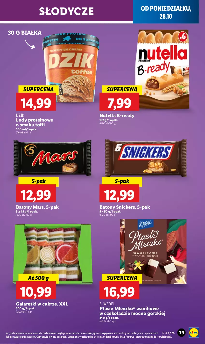 Gazetka promocyjna Lidl - GAZETKA - ważna 28.10 do 29.10.2024 - strona 45 - produkty: Baton, E. Wedel, Gala, Galaretki, Lody, Mars, Mleczko, Nutella, Ptasie mleczko, Snickers