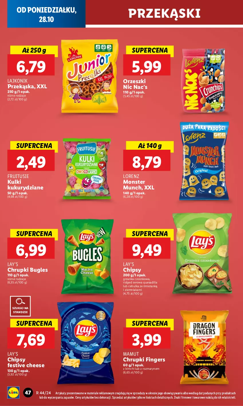 Gazetka promocyjna Lidl - GAZETKA - ważna 28.10 do 29.10.2024 - strona 54 - produkty: Chipsy, Chrupki, Lajkonik, Lay’s, Lorenz, Monster Munch, Orzeszki, Ser