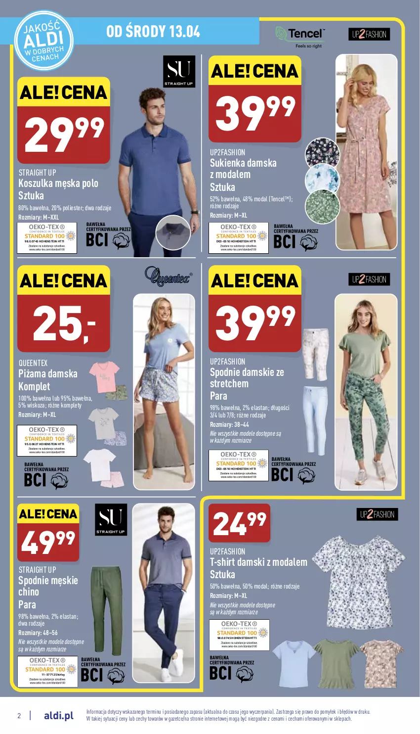 Gazetka promocyjna Aldi - Katalog Moda i Dom - ważna 13.04 do 16.04.2022 - strona 2 - produkty: Fa, Kosz, Koszulka, Moda, Piżama, Queentex, Spodnie, Sukienka, T-shirt, Wełna