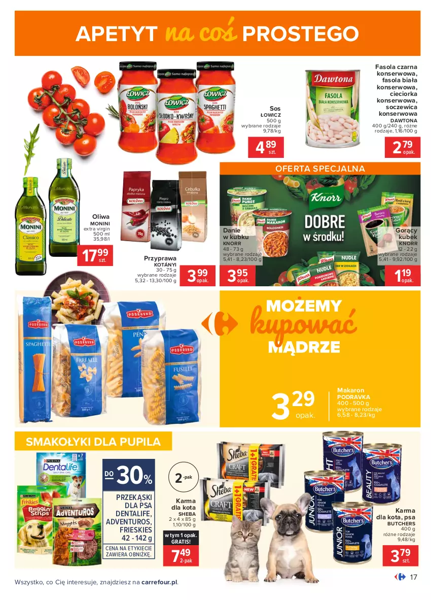 Gazetka promocyjna Carrefour - Gazetka Carrefour - ważna 18.01 do 31.01.2021 - strona 17 - produkty: Adventuros, Cieciorka, Dawtona, Fa, Fasola, Gin, Gra, Knorr, Kotányi, Kubek, Makaron, Monini, Orka, Podravka, Przekąski dla psa, Ser, Sheba, Sos