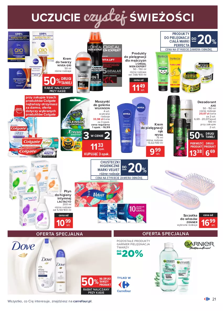 Gazetka promocyjna Carrefour - Gazetka Carrefour - ważna 18.01 do 31.01.2021 - strona 21 - produkty: Chusteczki, Colgate, Dezodorant, Kosz, Krem do twarzy, Lactacyd, LG, Nivea, Nivea Q10, Perfecta, Płyn do higieny intymnej, Szczotka, Szczotka do włosów, Velvet