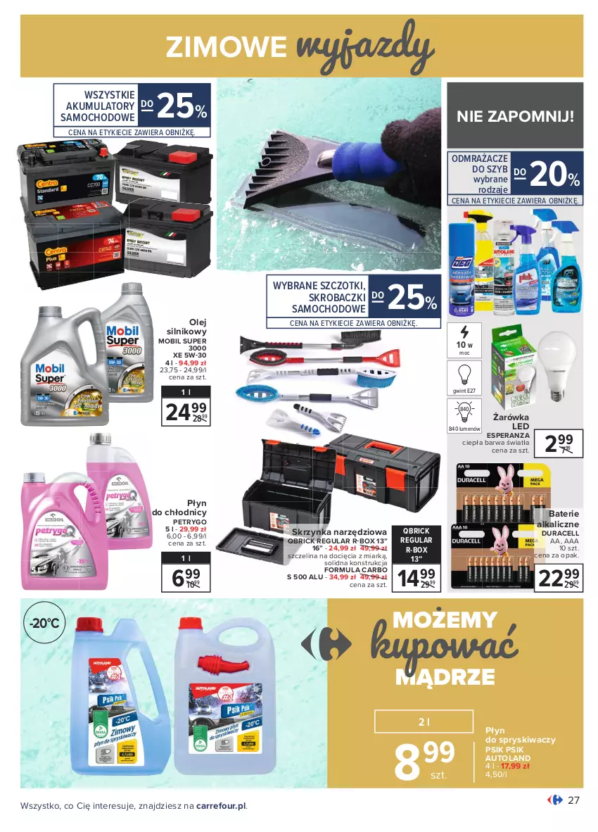 Gazetka promocyjna Carrefour - Gazetka Carrefour - ważna 18.01 do 31.01.2021 - strona 27 - produkty: Akumulator, Baterie alkaliczne, Duracell, Mobil, Olej, Olej silnikowy, Płyn do chłodnic, Płyn do spryskiwaczy, Skrzynka narzędziowa