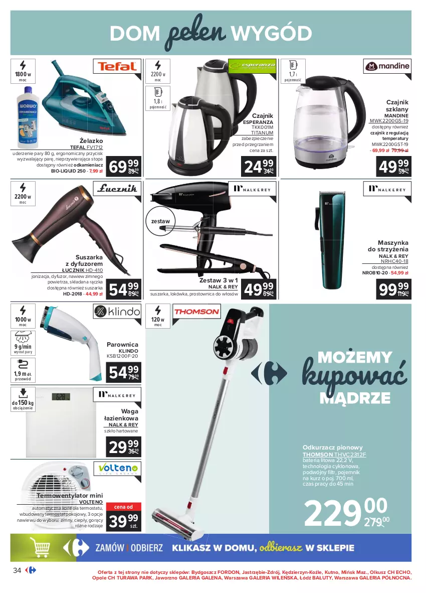 Gazetka promocyjna Carrefour - Gazetka Carrefour - ważna 18.01 do 31.01.2021 - strona 34 - produkty: Bateria, Czajnik, Fa, K2, Lokówka, Maszynka, Odkamieniacz, Odkurzacz, Parownica, Piec, Pojemnik, Prostownica do włosów, Przewód, Suszarka, Szynka, Tefal, Termos, Termowentylator, Thomson, Top, Waga, Waga łazienkowa