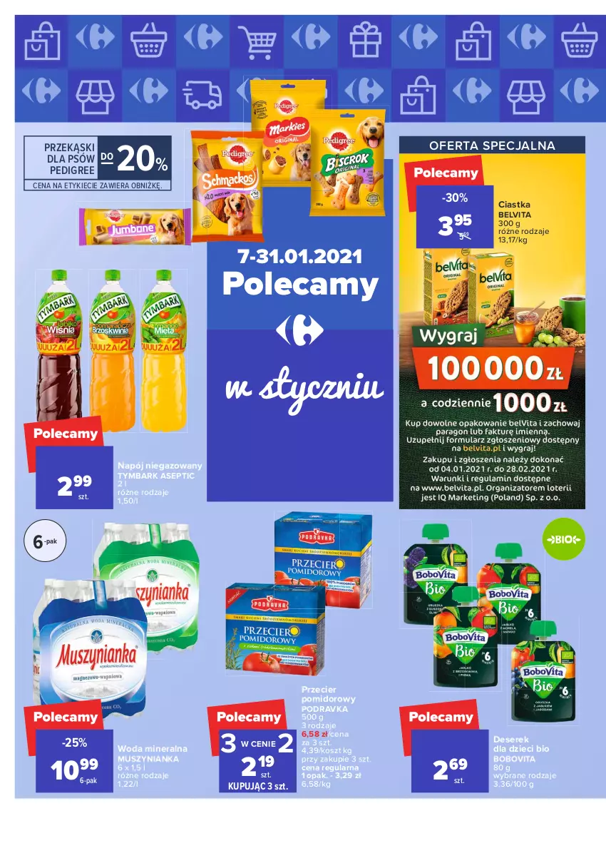 Gazetka promocyjna Carrefour - Gazetka Carrefour - ważna 18.01 do 31.01.2021 - strona 36 - produkty: BelVita, BoboVita, Ciastka, Deser, Dzieci, Kosz, Mus, Muszynianka, Napój, Napój niegazowany, Pedigree, Podravka, Ser, Serek, Tymbark, Woda, Woda mineralna