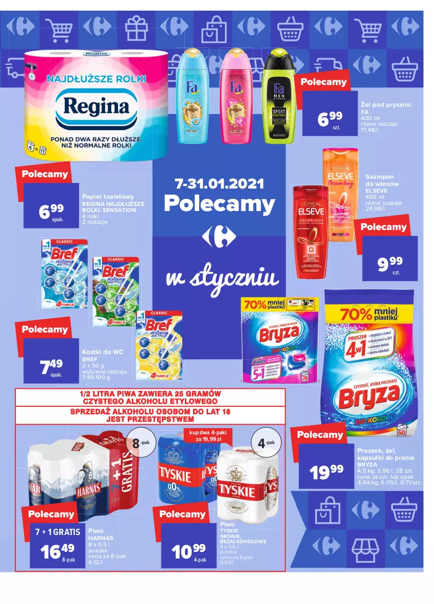 Gazetka promocyjna Carrefour - Gazetka Carrefour - ważna 18.01 do 31.01.2021 - strona 37 - produkty: Bref, Bryza, Elseve, Fa, Gin, Gra, Harnaś, Kapsułki do prania, Papier, Papier toaletowy, Piwa, Piwo, Rolki, Sati, Szampon, Tyskie