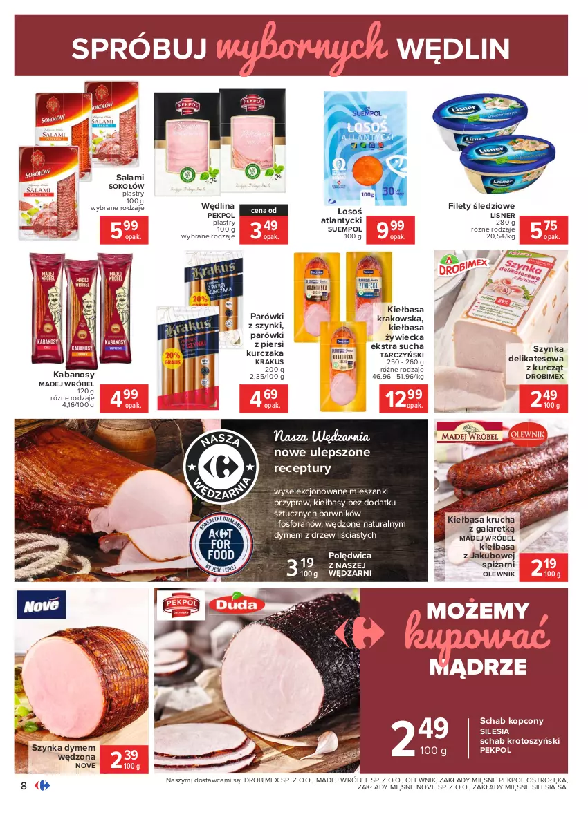 Gazetka promocyjna Carrefour - Gazetka Carrefour - ważna 18.01 do 31.01.2021 - strona 8 - produkty: Drobimex, Gala, Kabanos, Kiełbasa, Kiełbasa krakowska, Kiełbasa krucha, Krakus, Kurczak, Lisner, Madej Wróbel, Olewnik, Parówki, Parówki z piersi kurczaka, Parówki z szynki, Pekpol, Polędwica, Salami, Schab kopcony, Schab krotoszyński, Sok, Sokołów, Suempol, Szynka, Szynka delikatesowa, Tarczyński, Wędlina