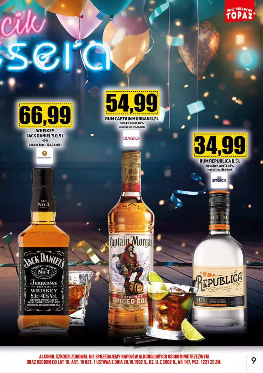 Gazetka promocyjna Topaz - Gazetka - ważna 01.01 do 31.01.2024 - strona 9 - produkty: Captain Morgan, Jack Daniel's, Rum, Ser, Whiskey