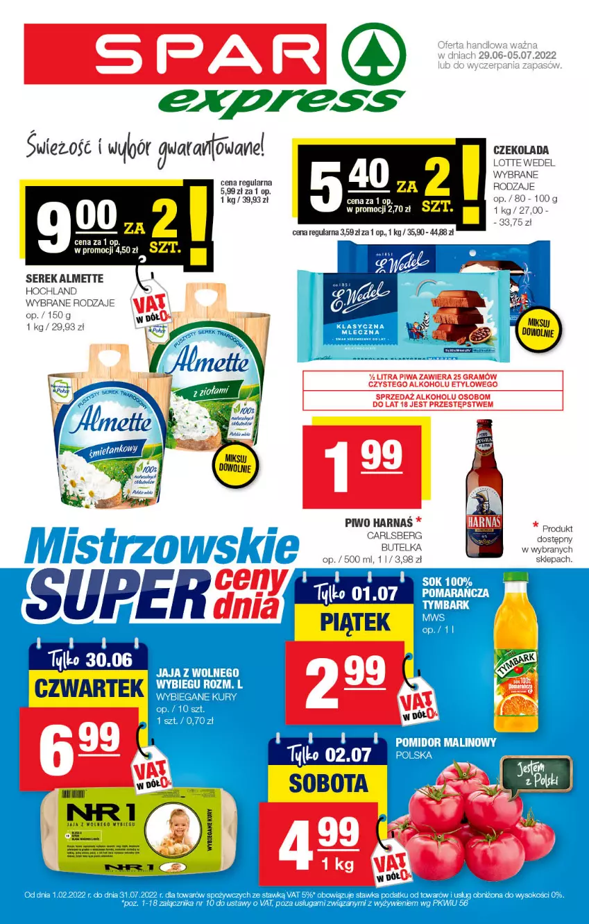 Gazetka promocyjna Spar - SparExpress - ważna 26.06 do 06.07.2022 - strona 1 - produkty: Almette, Carlsberg, Czekolada, Gra, Harnaś, Hochland, Piwa, Piwo, Ser, Serek