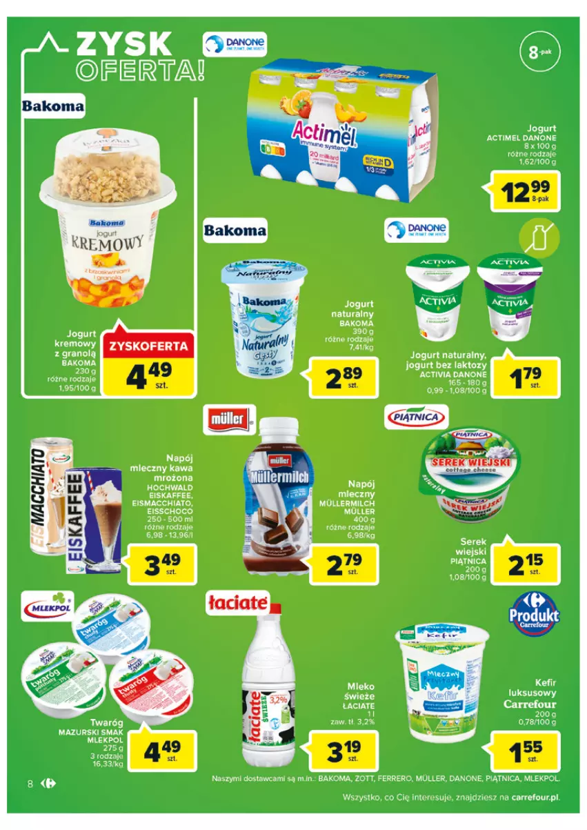 Gazetka promocyjna Carrefour - Gazetka Carrefour - ważna 31.05 do 11.06.2022 - strona 8 - produkty: Actimel, Bakoma, Chia, Danone, Ferrero, Gra, Jogurt, Jogurt naturalny, Kawa, Napój, Napój mleczny, O nas, Piątnica, Ser, Serek, Serek wiejski, Twaróg, Zott