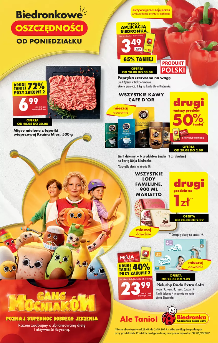 Gazetka promocyjna Biedronka - Od poniedzialku - ważna 28.08 do 02.09.2023 - strona 1 - produkty: Dada, Dron, Fa, Lody, Mięso, Mięso mielone, Mięso mielone z łopatki wieprzowej, Papryka, Papryka czerwona, Pieluchy