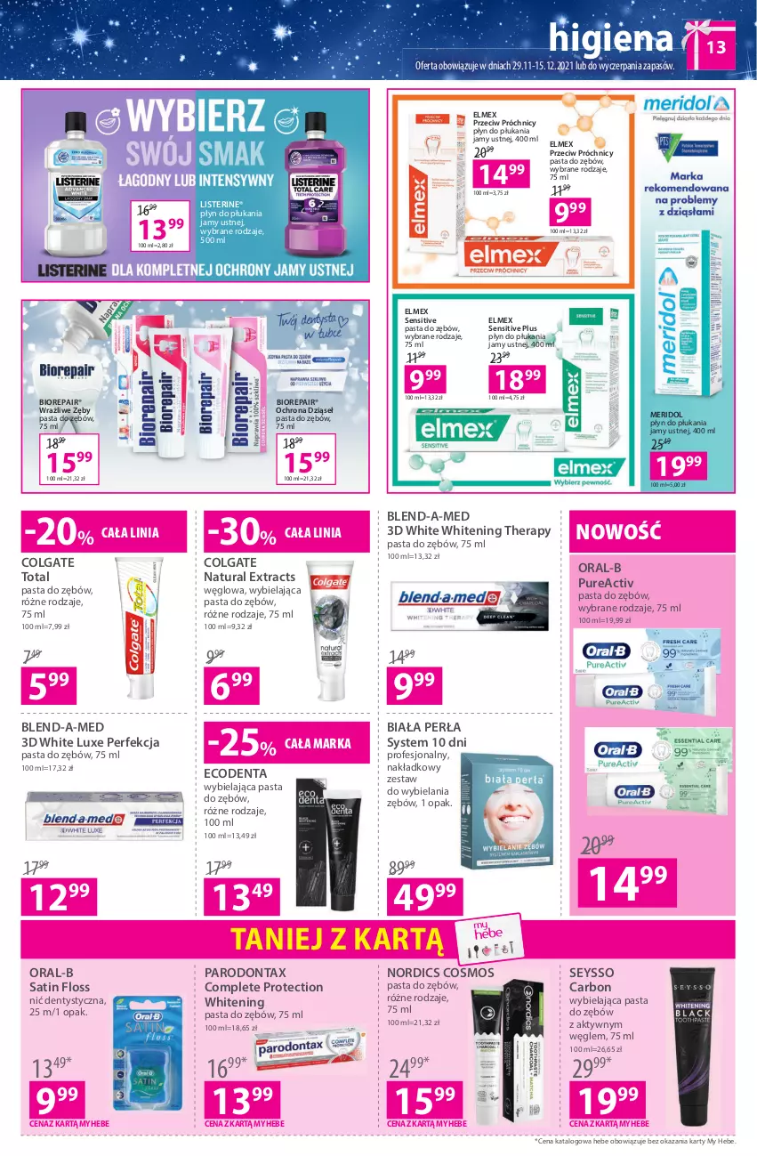 Gazetka promocyjna Hebe - Gazetka - ważna 29.11 do 15.12.2021 - strona 13 - produkty: Biorepair, Blend-a-Med, Colgate, Colgate Total, Ecodenta, Elmex, LG, Listerine, Nić dentystyczna, Parodontax, Pasta do zębów, Perła, Płyn do płukania, Płyn do płukania jamy ustnej, Pur, Sati, Seysso