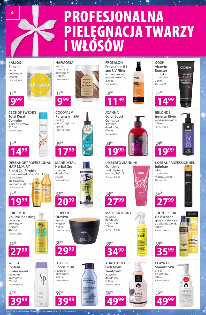 Gazetka promocyjna Hebe - Gazetka - ważna 29.11 do 15.12.2021 - strona 4 - produkty: Booster, Gosh, Halo, Joanna, John frieda, Kallos, L’Oréal, Lakier, Lakier do włosów, Maska, Maska do włosów, Odżywka, Olej, Peeling, Szampon, Total Keratin, Wella