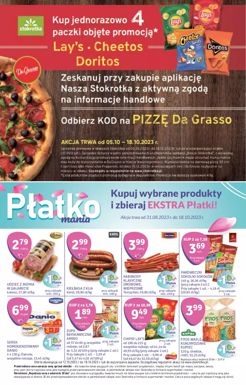 Gazetka promocyjna Stokrotka - Market - ważna 12.10 do 18.10.2023 - strona 10 - produkty: Cheddar, Chipsy, Danio, Danone, Gala, Kabanos, Kiełbasa, Kosz, Kupiec, Lay’s, Mięso, Owoce, Piec, Ser, Serek, Serek homogenizowany, Sok, Sokołów, Tarczyński, Udziec z indyka, Udziec z indyka w galarecie, Wafle, Warzywa, Zupa