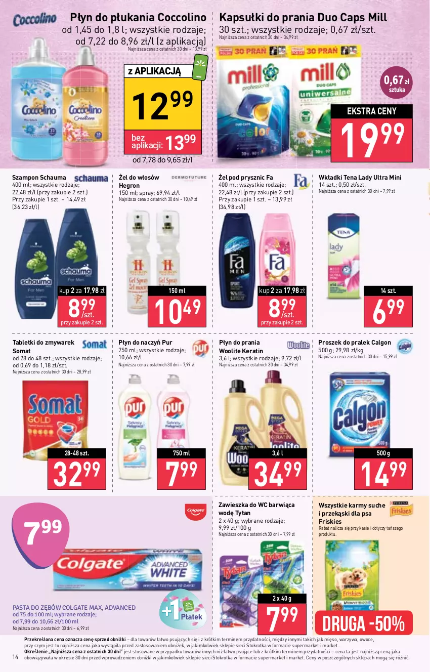 Gazetka promocyjna Stokrotka - Market - ważna 12.10 do 18.10.2023 - strona 15 - produkty: Calgon, Coccolino, Colgate, Fa, Friskies, Hegron, Kapsułki do prania, LG, Mięso, Owoce, Pasta do zębów, Płyn do płukania, Płyn do prania, Przekąski dla psa, Pur, Schauma, Somat, Szampon, Tablet, Tytan, Warzywa, Wkładki, Woolite, Zawieszka do wc