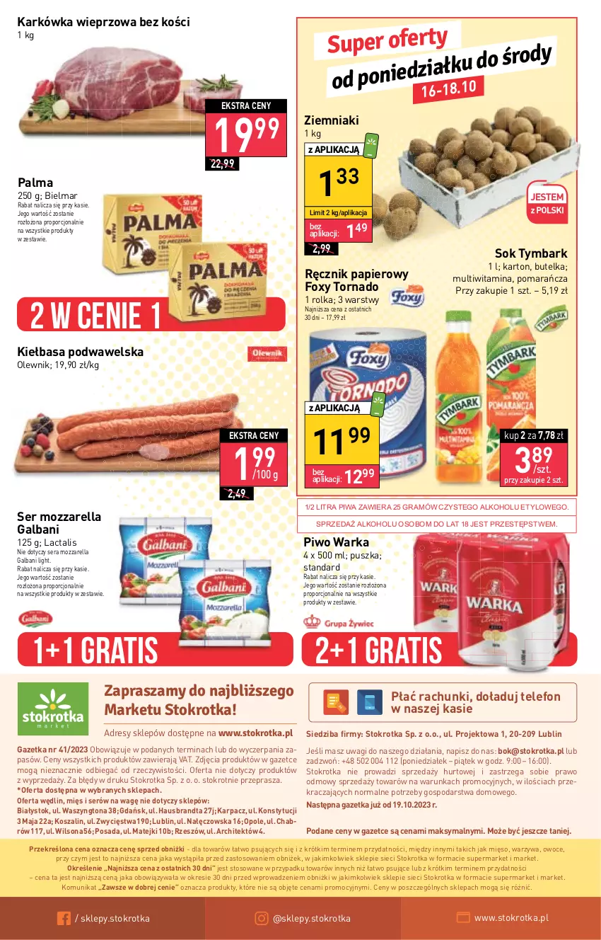 Gazetka promocyjna Stokrotka - Market - ważna 12.10 do 18.10.2023 - strona 17 - produkty: Dres, Foxy, Galbani, Gra, JBL, Karkówka wieprzowa, Karp, Kiełbasa, Kiełbasa podwawelska, Kosz, Mięso, Mozzarella, O nas, Olewnik, Owoce, Palma, Papier, Piwa, Piwo, Por, Ręcznik, Ser, Sok, Szal, Telefon, Tymbark, Wagi, Warka, Warzywa, Wawel, Wilson, Ziemniaki