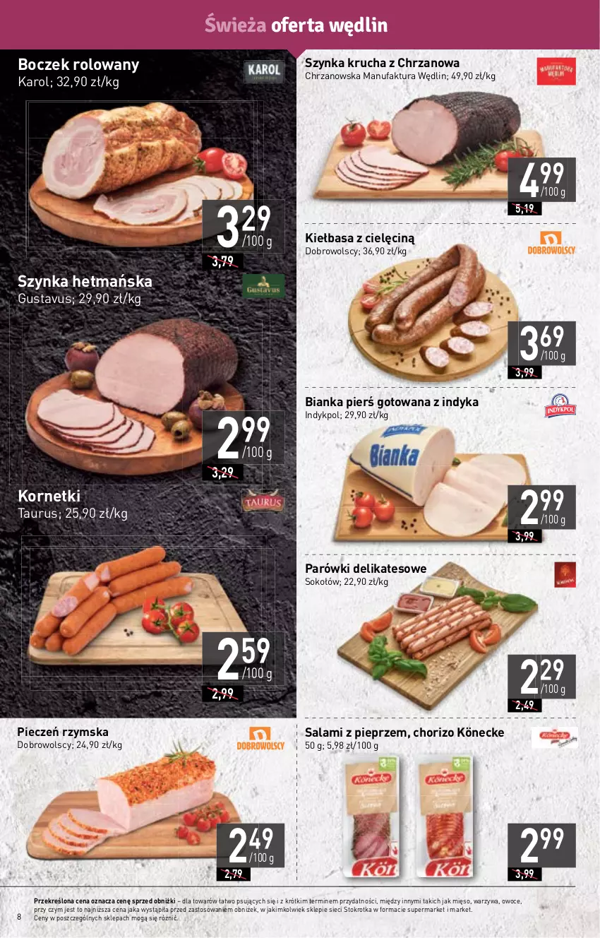 Gazetka promocyjna Stokrotka - Market - ważna 12.10 do 18.10.2023 - strona 8 - produkty: Bianka, Boczek, Chrzan, Fa, Kiełbasa, Mięso, Owoce, Parówki, Piec, Pieczeń rzymska, Pieprz, Salami, Sok, Sokołów, Szynka, Warzywa