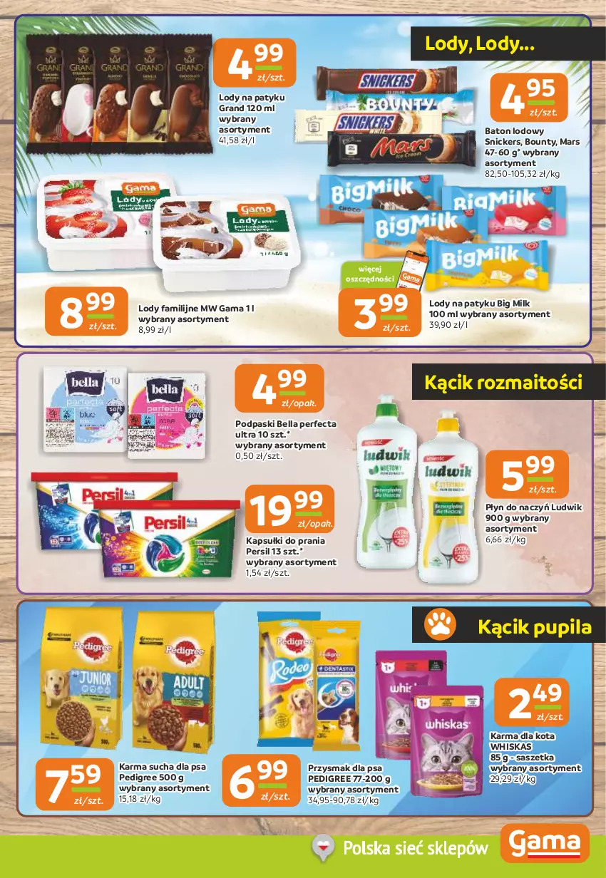 Gazetka promocyjna Gama - Gazetka Gama - ważna 26.06 do 08.07.2025 - strona 9 - produkty: Baton, Bell, Bella, Big Milk, Bounty, Fa, Gra, Kapsułki do prania, Lody, Ludwik, Mars, Pedigree, Perfecta, Persil, Podpaski, Przysmak dla psa, Snickers, Whiskas