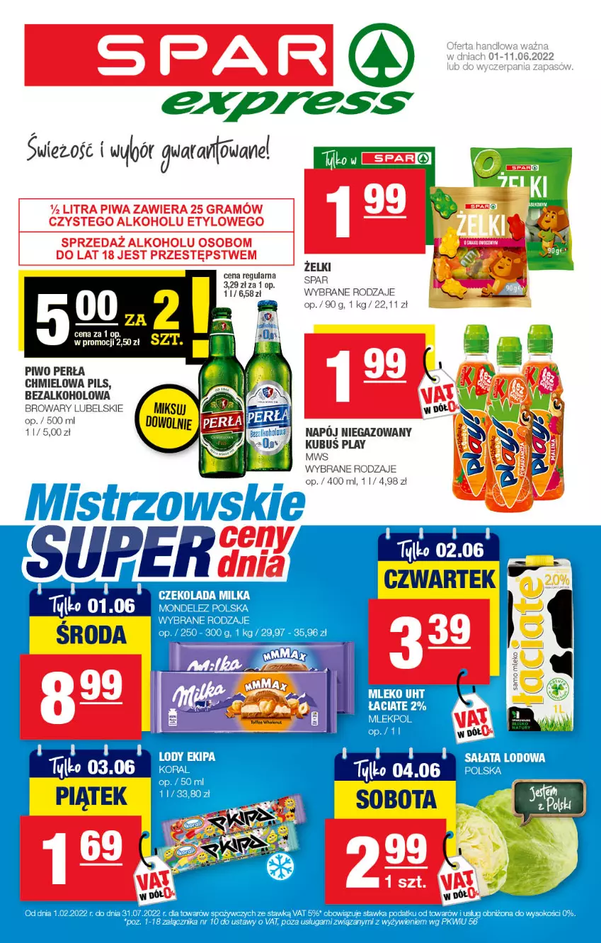 Gazetka promocyjna Spar - SparExpress - ważna 29.05 do 08.06.2022 - strona 1 - produkty: Czekolada, Lody, Milka, Mleko, Perła, Piwo, Ser, Sok