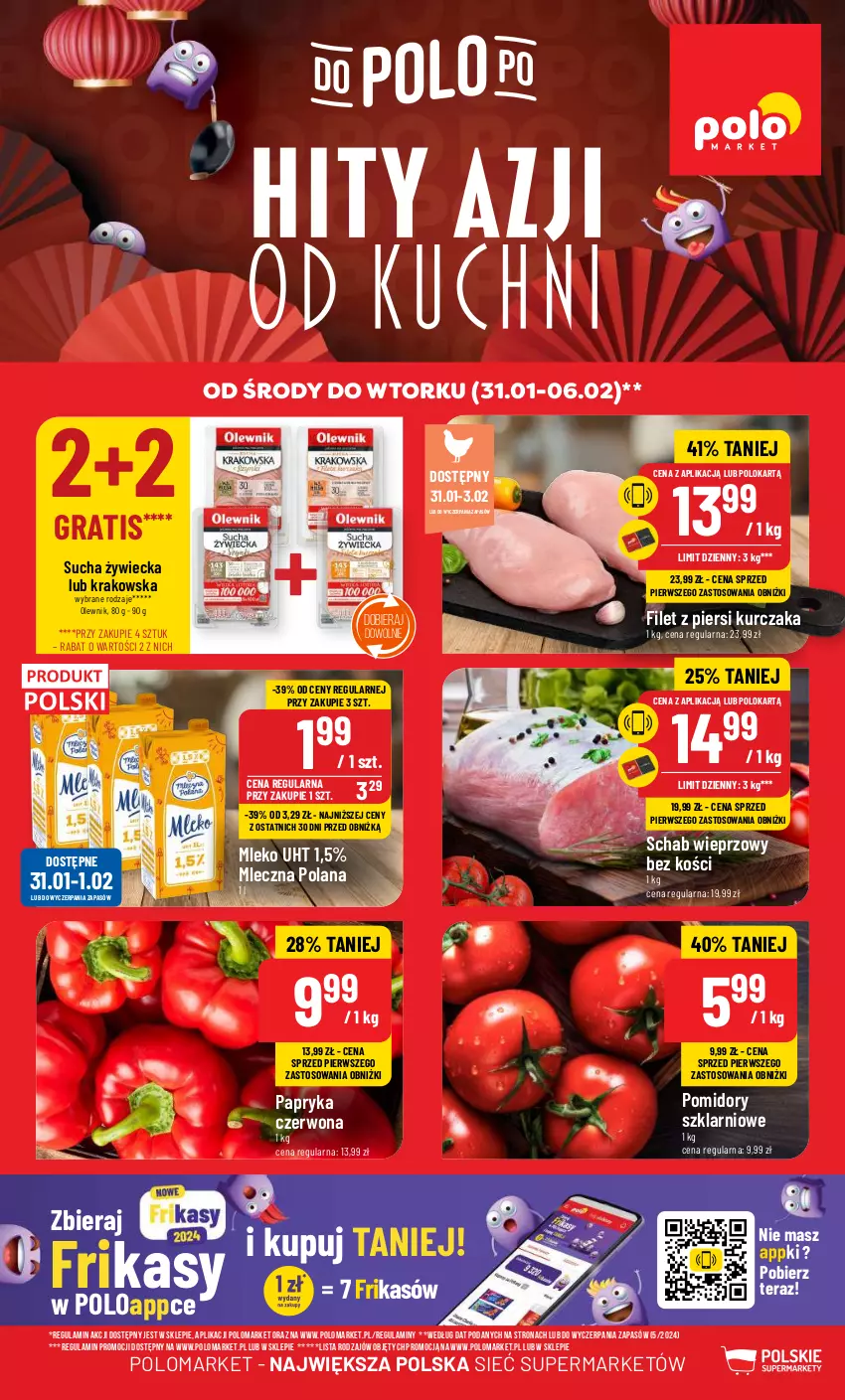 Gazetka promocyjna PoloMarket - Gazetka pomocyjna - ważna 31.01 do 06.02.2024 - strona 1 - produkty: Filet z piersi kurczaka, Gra, Kurczak, LANA, Mleko, Olewnik, Papryka, Papryka czerwona, Pomidory, Schab wieprzowy, Tera