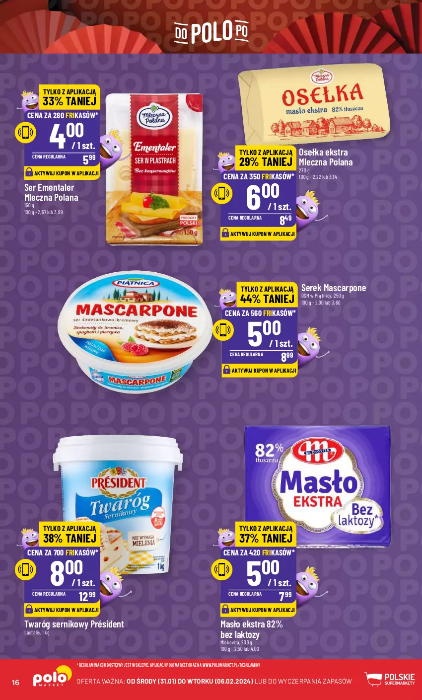 Gazetka promocyjna PoloMarket - Gazetka pomocyjna - ważna 31.01 do 06.02.2024 - strona 16 - produkty: Ementaler, LANA, Mascarpone, Masło, Mleko, Mlekovita, Président, Ser, Serek, Twaróg