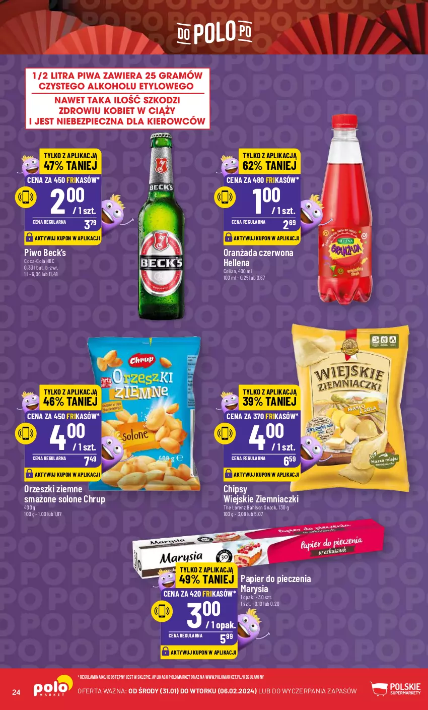 Gazetka promocyjna PoloMarket - Gazetka pomocyjna - ważna 31.01 do 06.02.2024 - strona 24 - produkty: Chipsy, Coca-Cola, Hellena, Lorenz, Oranżada, Orzeszki, Orzeszki ziemne, Papier, Papier do pieczenia, Piec, Piwo