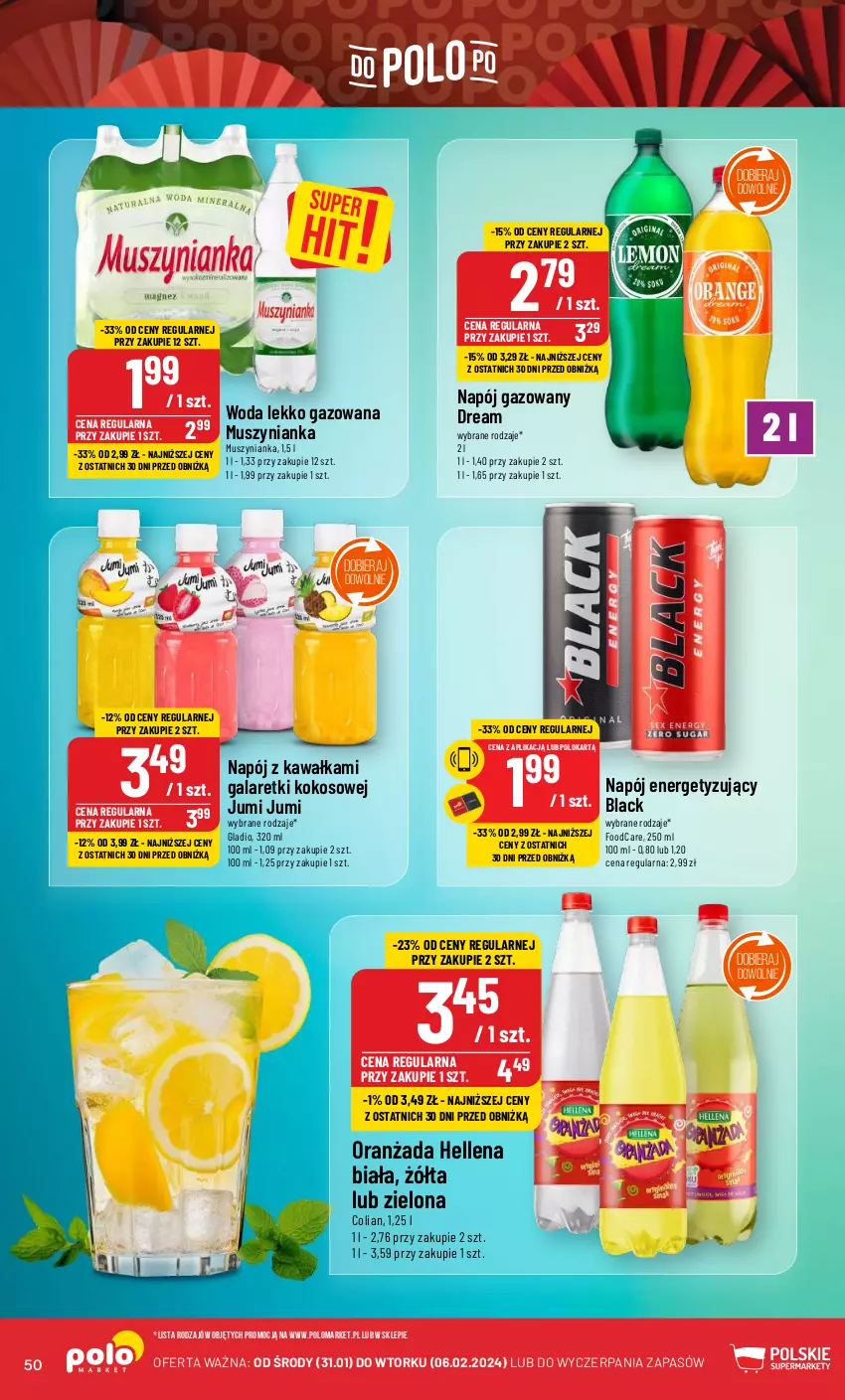 Gazetka promocyjna PoloMarket - Gazetka pomocyjna - ważna 31.01 do 06.02.2024 - strona 50 - produkty: Gala, Galaretki, Hellena, Kawa, Kokos, Lack, Mus, Muszynianka, Napój, Napój gazowany, Oranżada, Woda