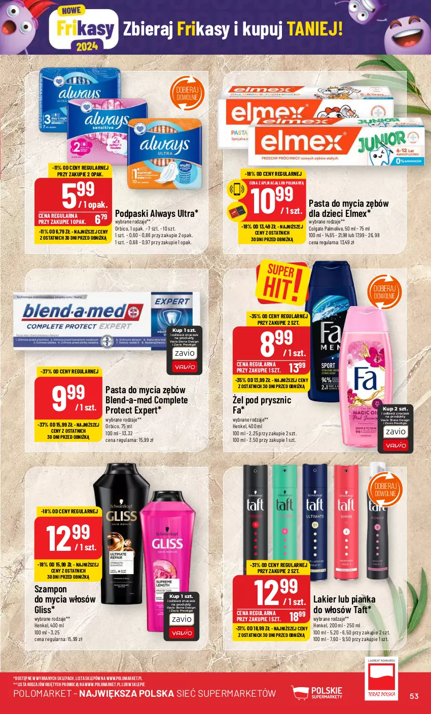 Gazetka promocyjna PoloMarket - Gazetka pomocyjna - ważna 31.01 do 06.02.2024 - strona 53 - produkty: Always, Always Ultra, BIC, Blend-a-Med, Colgate, Dzieci, Elmex, Fa, Lakier, LG, Palmolive, Podpaski, Szampon, Taft