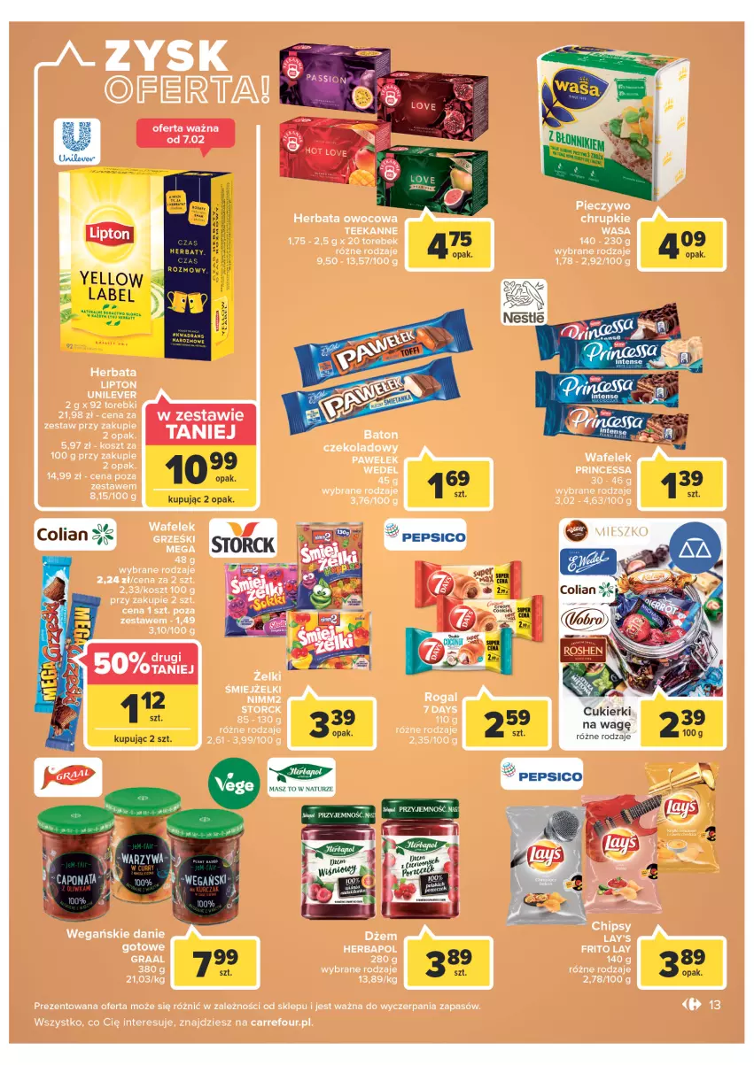 Gazetka promocyjna Carrefour - Gazetka Express - ważna 08.02 do 14.02.2022 - strona 13 - produkty: 7 Days, Chrupki, Danie gotowe, Gra, Graal, Grześki, Herbapol, Herbata, Herbata owocowa, Kosz, Lipton, Nimm2, Piec, Pieczywo, Pieczywo chrupkie, Princessa, Rogal, Teekanne, Wafelek