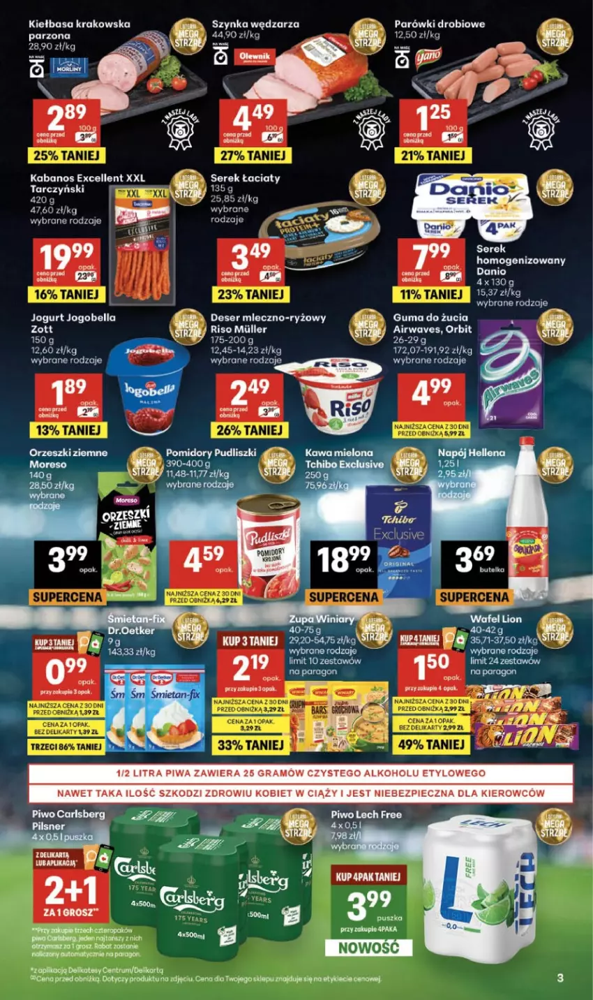 Gazetka promocyjna Delikatesy Centrum - Franczyza DC27 Czwartek - ważna 02.07 do 08.07.2026 - strona 3 - produkty: Bell, Bella, Danio, Jogobella, Jogurt, Kabanos, Kiełbasa, Kiełbasa krakowska, Lion, Orzeszki, Orzeszki ziemne, Parówki, Piwa, Pomidory, Pudliszki, Rum, Ser, Serek, Szynka