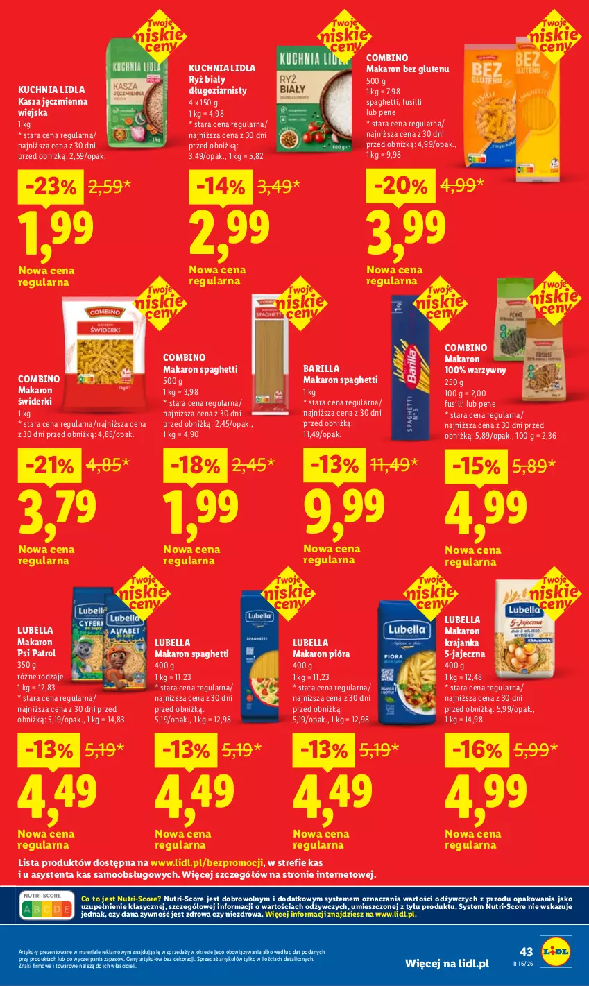 Gazetka promocyjna Lidl - Gazetka ważna od 16.04 do 18.04 - ważna 16.04 do 18.04.2026 - strona 43 - produkty: Barilla, Bell, Bella, Kasza, Kasza jęczmienna, Kuchnia, Lubella, Makaron, Psi Patrol, Ryż, Ryż biały, Spaghetti