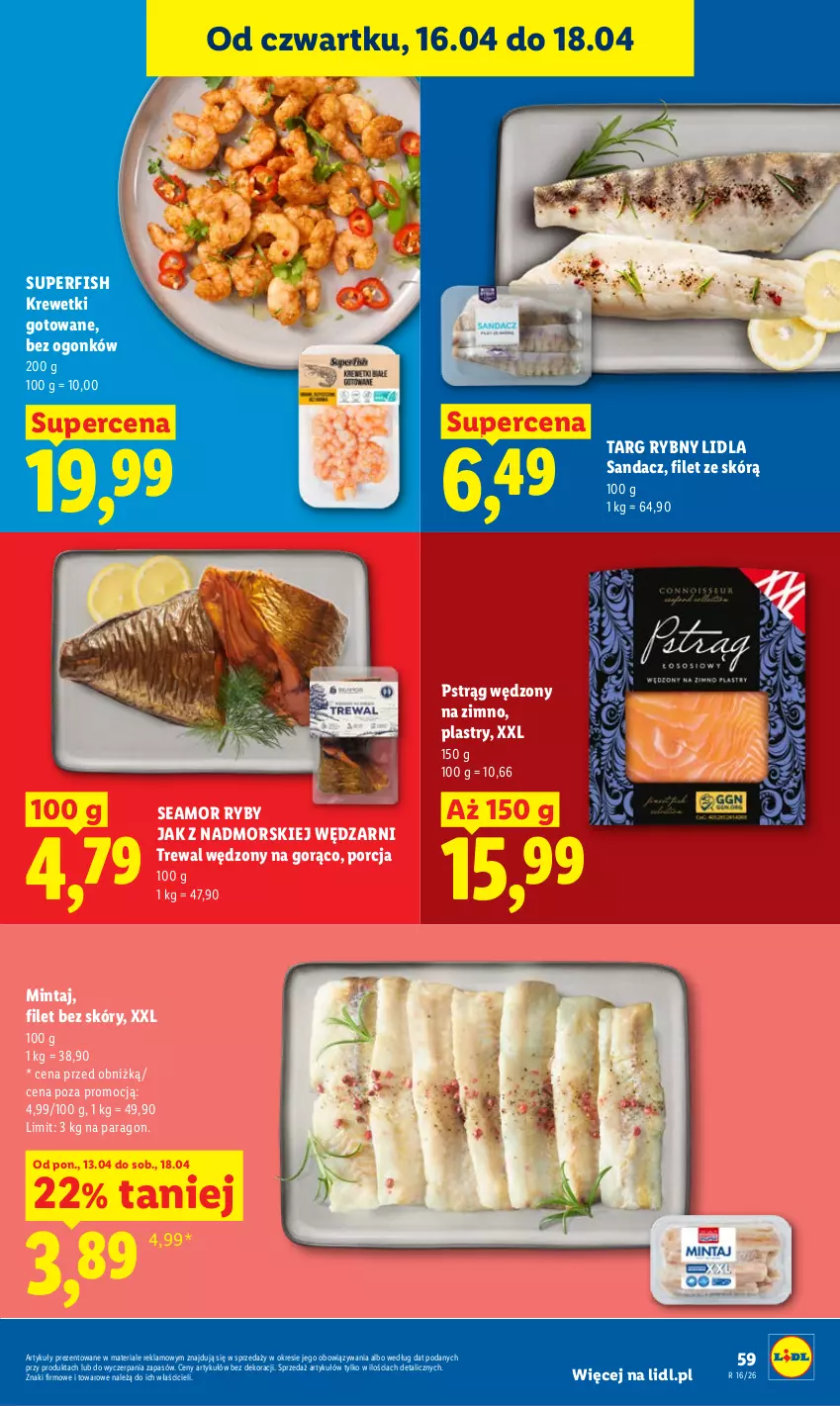 Gazetka promocyjna Lidl - Gazetka ważna od 16.04 do 18.04 - ważna 16.04 do 18.04.2026 - strona 59 - produkty: Krewetki, Mintaj, Por, Pstrąg, Pstrąg wędzony, Sandacz