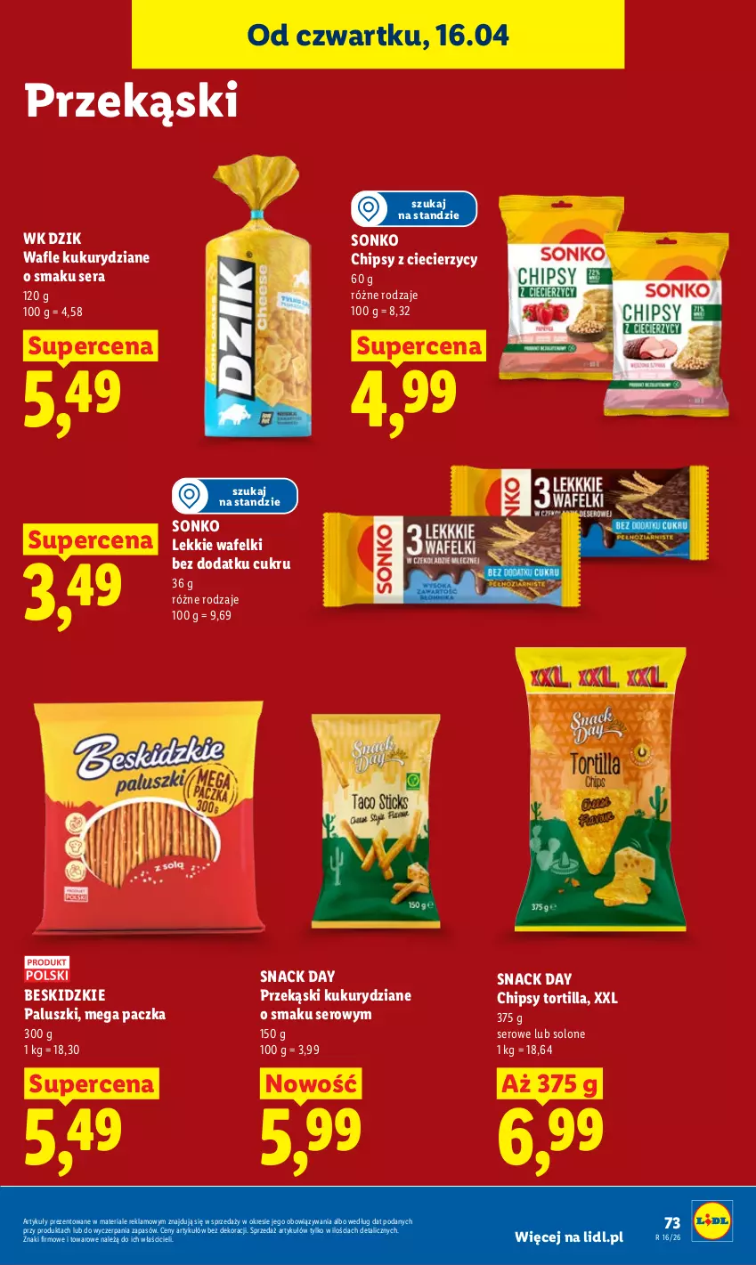 Gazetka promocyjna Lidl - Gazetka ważna od 16.04 do 18.04 - ważna 16.04 do 18.04.2026 - strona 73 - produkty: Beskidzki, Beskidzkie paluszki, Chipsy, Ser, Sonko, Tortilla, Wafle