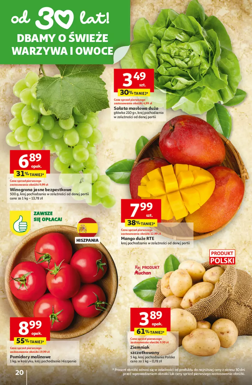 Gazetka promocyjna Auchan - Gazetka 30 Lat Hipermarket Auchan - ważna 12.03 do 18.03.2026 - strona 20 - produkty: Kosz, Mango, Masło, Pomidory, Sałat, Sałata masłowa, Wino, Winogrona