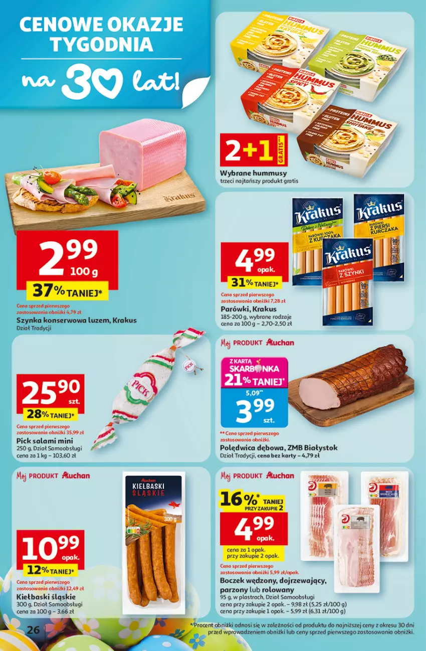 Gazetka promocyjna Auchan - Gazetka 30 Lat Hipermarket Auchan - ważna 12.03 do 18.03.2026 - strona 26 - produkty: Boczek, Gra, Hummus, Kiełbaski śląskie, Krakus, Mus, Parówki, Polędwica, Salami, Ser, Szynka, Szynka konserwowa