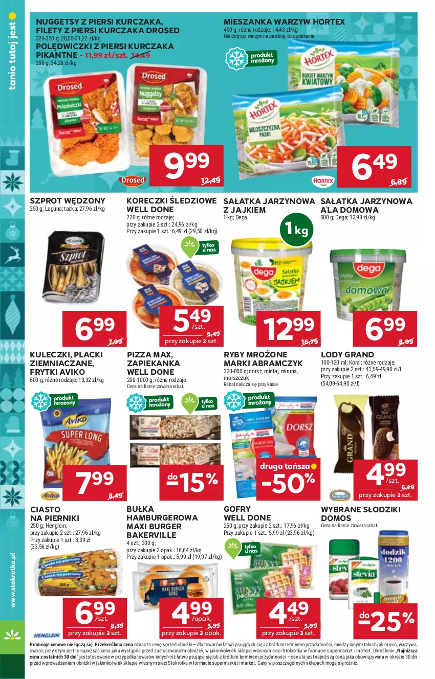Gazetka promocyjna Stokrotka - Supermarket - ważna 27.11 do 03.12.2025 - strona 38 - produkty: Bułka, Bułka hamburger, Burger, Dega, Dorsz, Frytki, Gofry, Gra, Hamburger, Hortex, Koreczki śledziowe, Kurczak, Lack, Lody, Mięso, Mieszanka warzyw, Mintaj, Miruna, Owoce, Piernik, Pizza, Sałat, Sałatka, Szprot, Warzywa, Zapiekanka