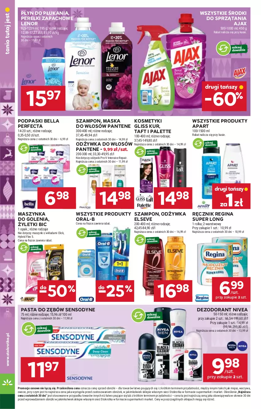 Gazetka promocyjna Stokrotka - Supermarket - ważna 27.11 do 03.12.2025 - strona 42 - produkty: Ajax, Bell, Bella, BIC, Dezodorant, Elseve, Gin, Gliss Kur, Lenor, Maska, Maszynka, Maszynka do golenia, Mięso, Nivea, Odżywka, Owoce, Palette, Pantene, Pasta do zębów, Perełki zapachowe, Perfecta, Płyn do płukania, Podpaski, Ręcznik, Sensodyne, Szampon, Szynka, Taft, Warzywa