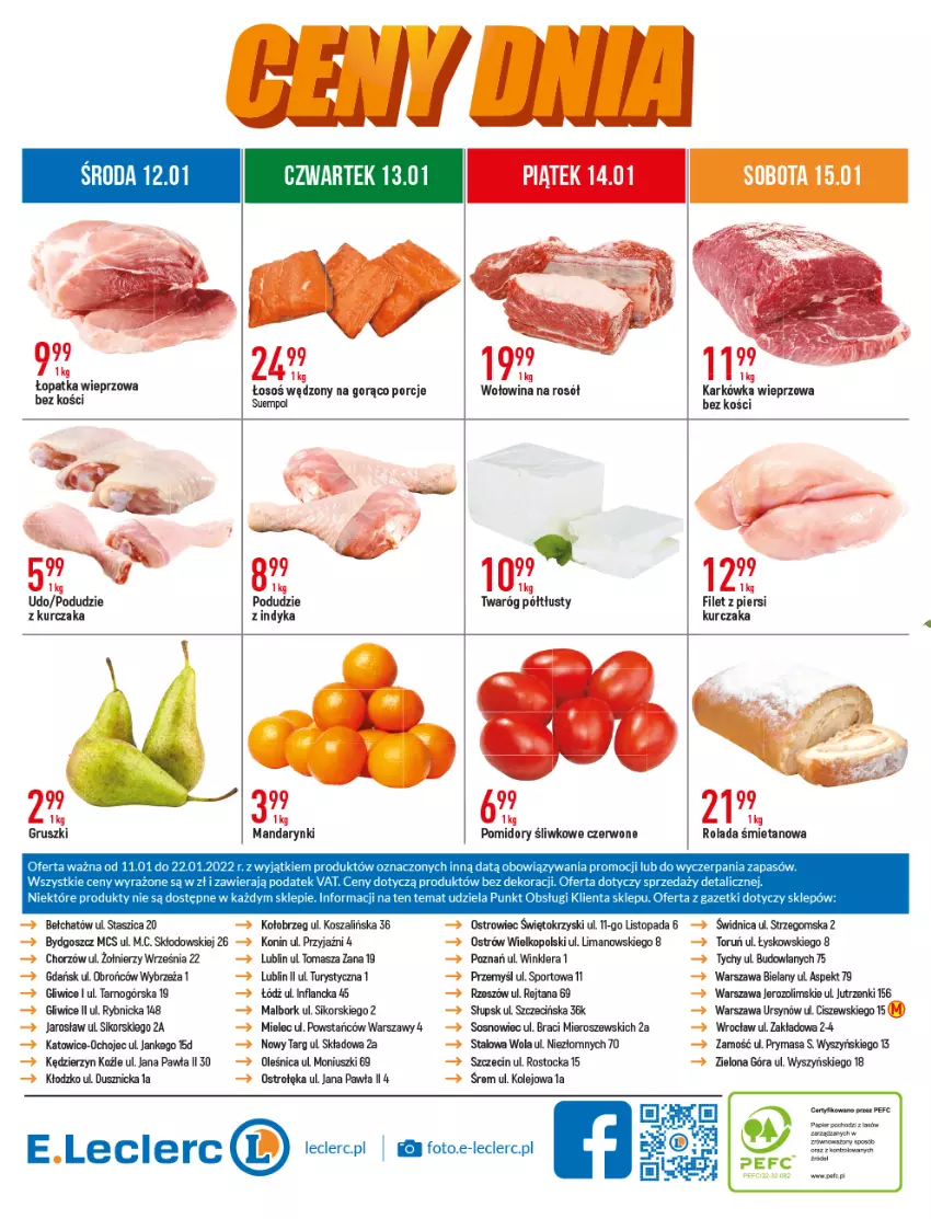 Gazetka promocyjna E Leclerc - ważna 11.01 do 22.01.2022 - strona 20 - produkty: Filet z piersi kurczaka, Gruszki, Karkówka wieprzowa, Kosz, Kurczak, Mandarynki, Olej, Papier, Podudzie z kurczaka, Pomidory, Por, Rolada, Rosół, Sos, Sport, Stock, Suempol, Szal, Top, Twaróg, Twaróg półtłusty, Wołowina