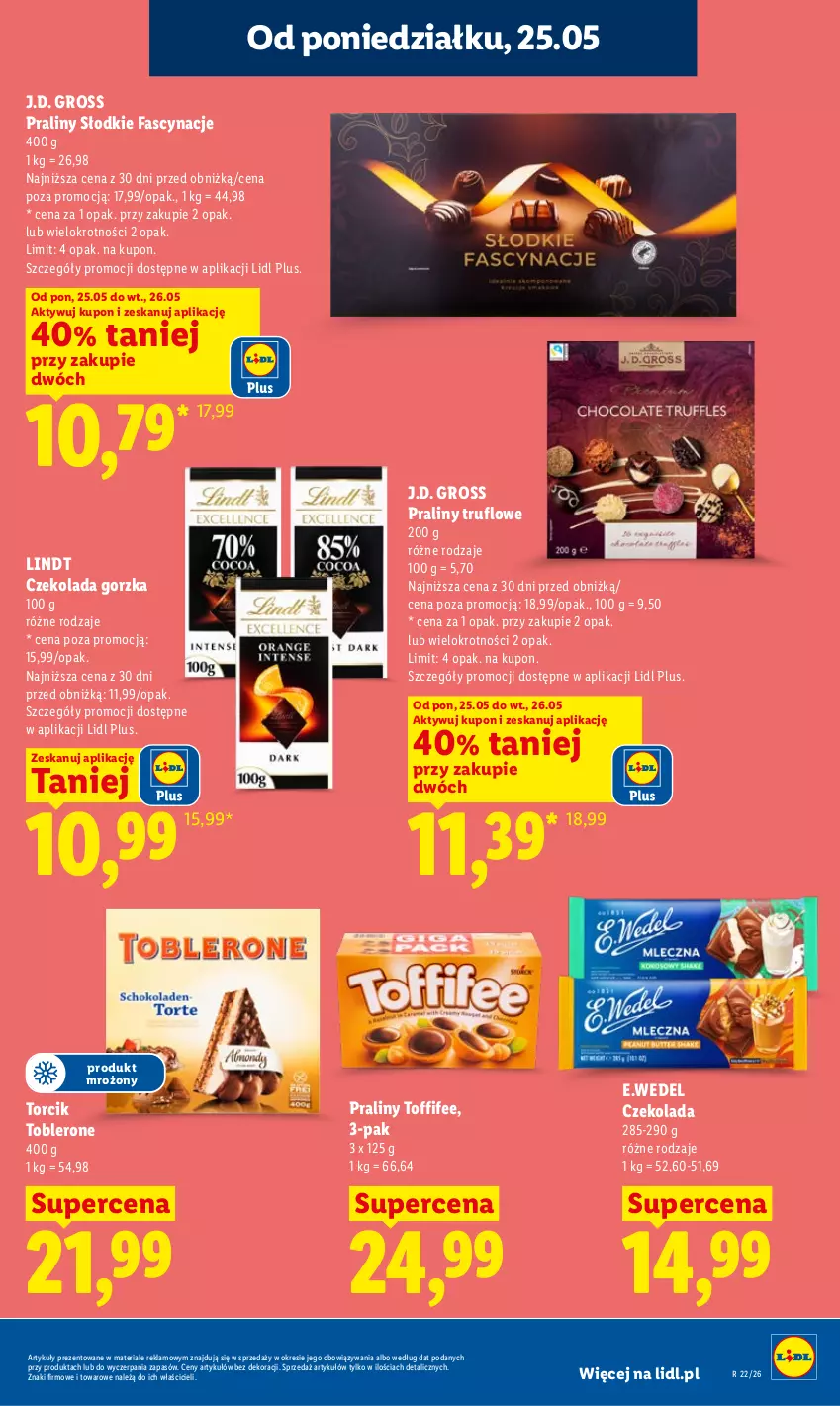 Gazetka promocyjna Lidl - Gazetka ważna od 25.05 do 27.05 - ważna 25.05 do 27.05.2026 - strona 11 - produkty: Czekolada, Czekolada gorzka, Fa, Lindt, Praliny, Toblerone, Toffifee