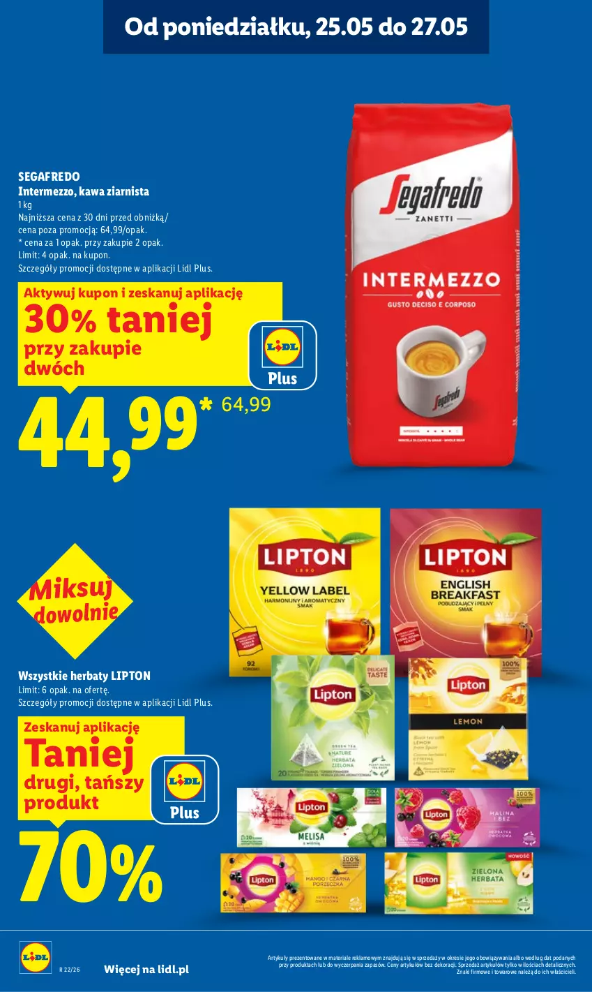Gazetka promocyjna Lidl - Gazetka ważna od 25.05 do 27.05 - ważna 25.05 do 27.05.2026 - strona 22 - produkty: Kawa, Kawa ziarnista, Lipton, Segafredo