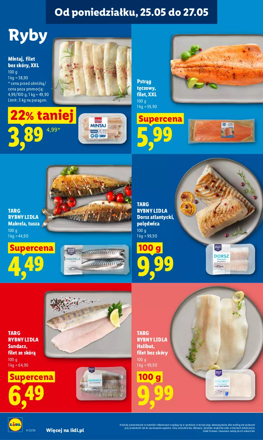 Gazetka promocyjna Lidl - Gazetka ważna od 25.05 do 27.05 - ważna 25.05 do 27.05.2026 - strona 54 - produkty: Dorsz, Halibut, Mintaj, Polędwica, Pstrąg, Pstrąg tęczowy, Sandacz, Tusz